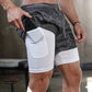 Man wearing gray camo 2-in-1 gym shorts, placing a phone in the side pocket of the white inner compression layer