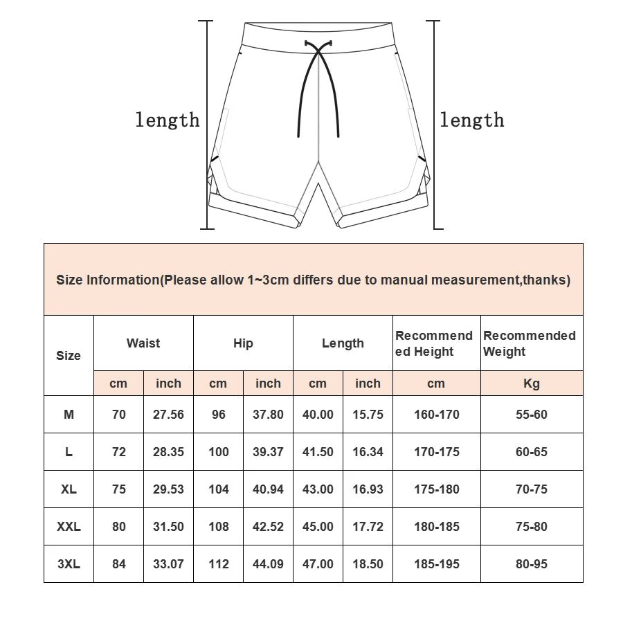 The image shows a sizing chart for 2-in-1 gym sports shorts, including measurements for the waist, hip, length, recommended height, and recommended weight for various sizes (M to 3XL).