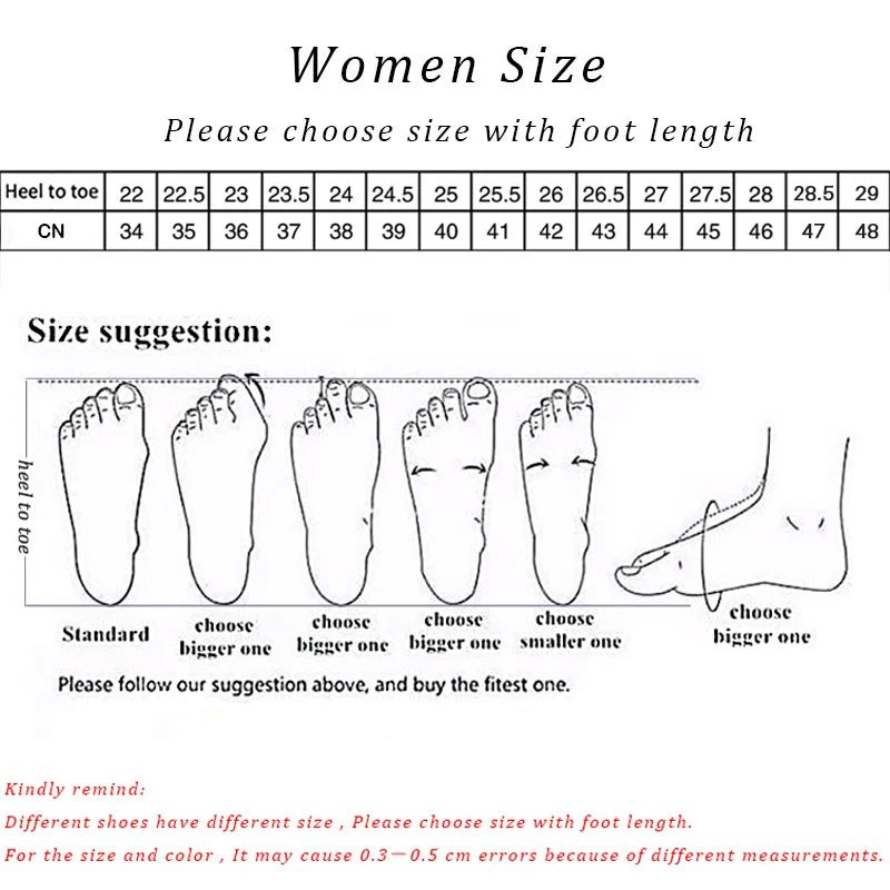 Women's shoe size chart based on foot length. Choose the right size for the best fit. Note: 0.3-0.5 cm measurement variations may occur due to different shoe styles.