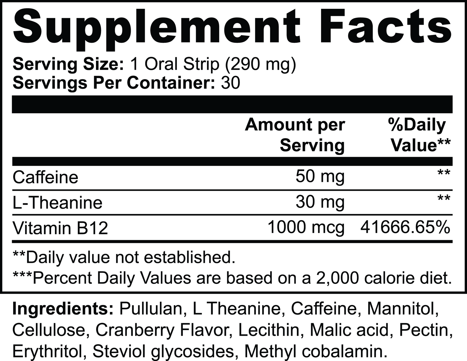 The image displays the supplement facts for the Energy Strips.