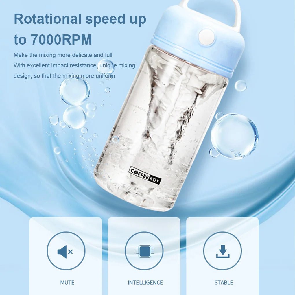 Electric shake bottle with a blue lid, featuring a rotational speed of up to 7000 RPM, highlighted against a blue background with icons for mute, intelligence, and stability.