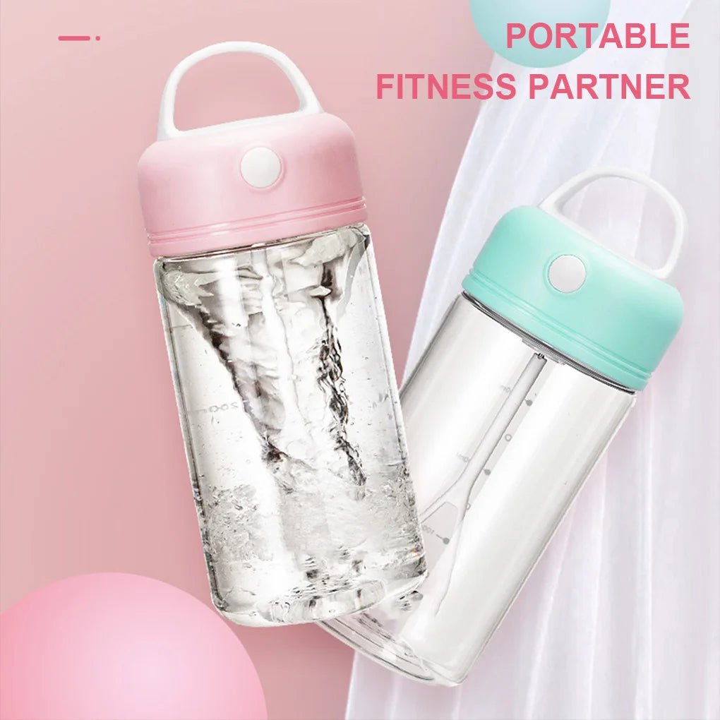 Two portable electric shake bottles, one with a pink lid and the other with a mint green lid, displayed on a pastel background with the text 'Portable Fitness Partner'.