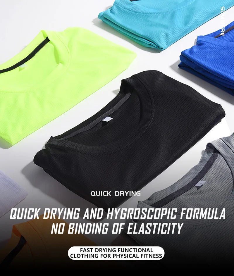 Display of quick-drying, hygroscopic sportswear in various colors, designed for fast drying and high elasticity, ideal for physical fitness activities.