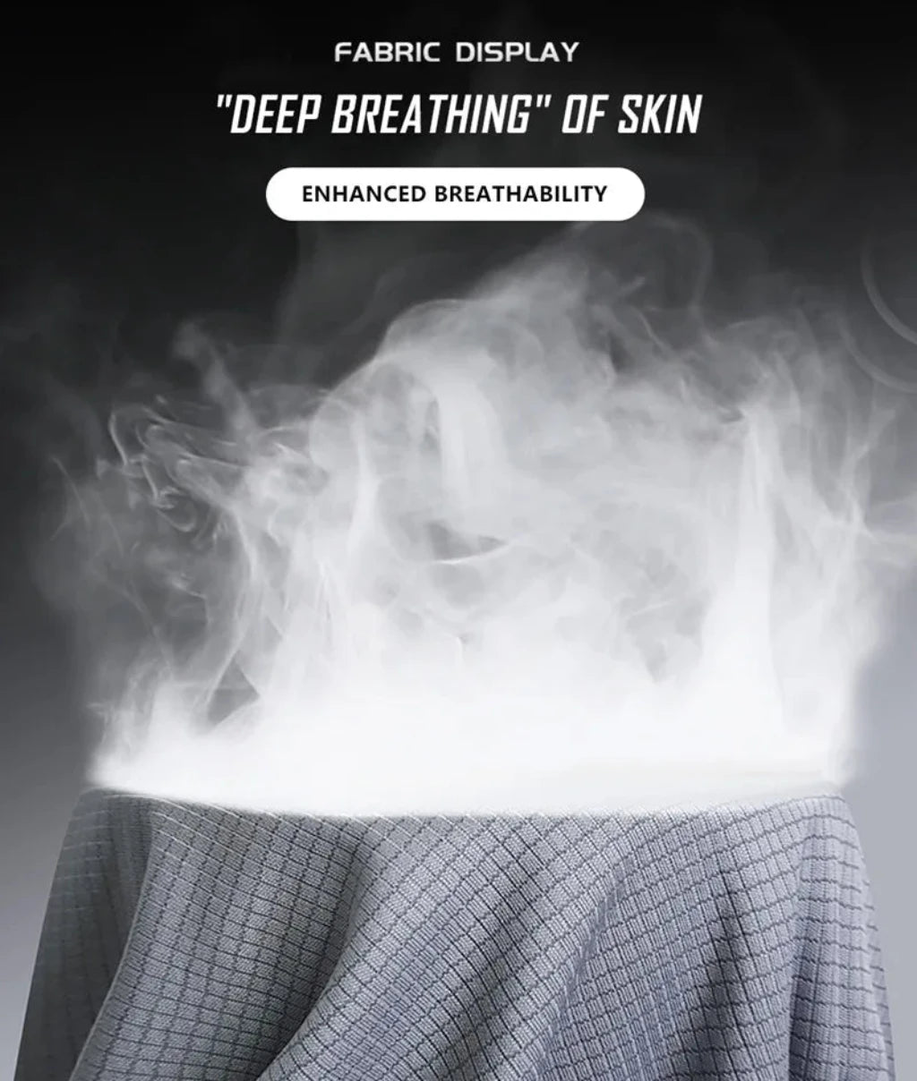 Fabric display showing enhanced breathability, with vapor rising through the material to demonstrate the 'deep breathing' skin-like airflow of the fabric.