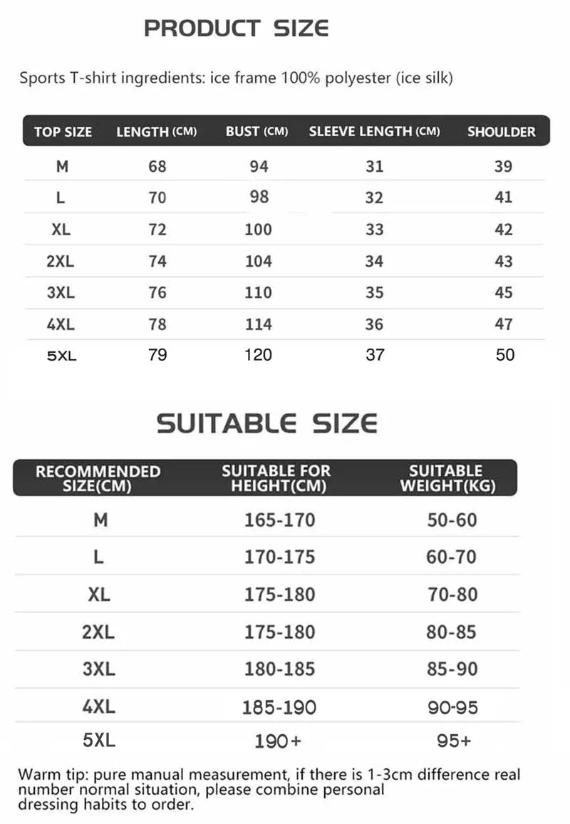 This image shows a size chart for the "High-Quality Polyester Running T-shirt." It includes measurements for top sizes M to 5XL, indicating length, bust, sleeve length, and shoulder width in centimeters. The chart also recommends suitable sizes based on height (in cm) and weight (in kg) ranges to guide customers in selecting the appropriate fit.