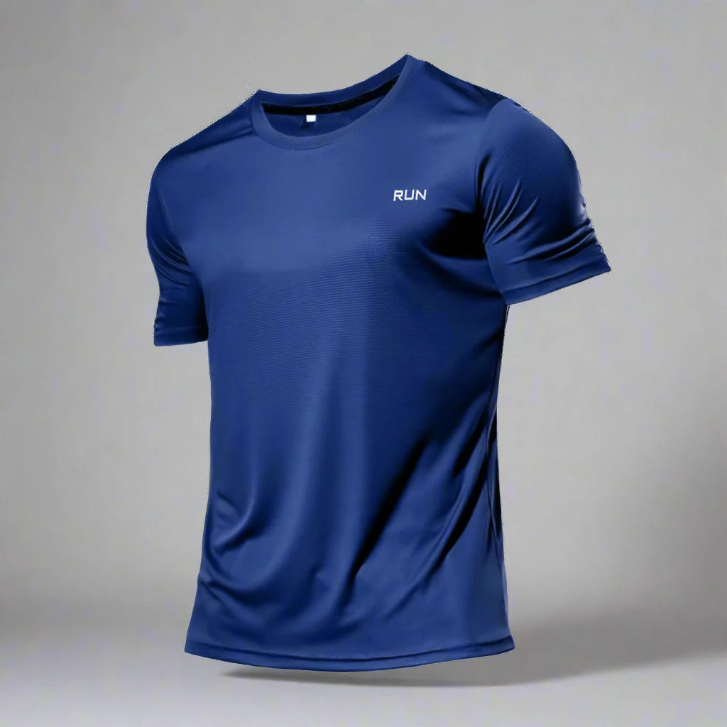 High-quality navy blue polyester running T-shirt, featuring a minimalist design with a small 'RUN' logo on the chest, made from moisture-wicking fabric for comfort during workouts.