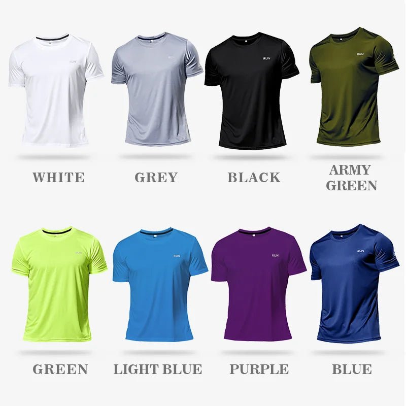 Collection of polyester running T-shirts available in eight colors: white, grey, black, army green, green, light blue, purple, and blue. Designed for comfort and performance.