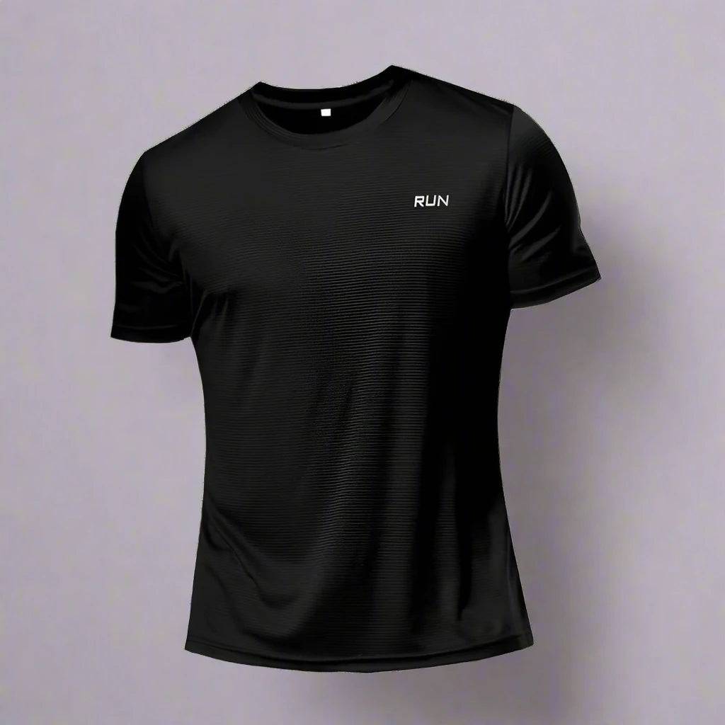 Black polyester running T-shirt with 'RUN' text, displayed against a neutral background for a sleek, minimalist look.