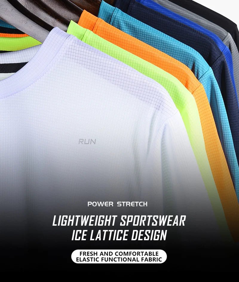 Collection of lightweight sportswear featuring an ice lattice design in various colors. The power stretch fabric ensures comfort and elasticity for enhanced performance during workouts.