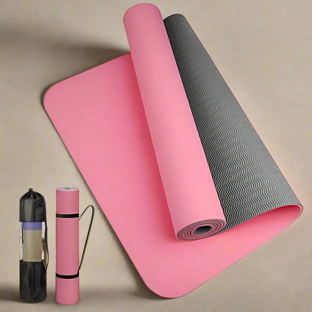 Durable yoga mat with double-sided anti-slip surface, sweatproof, easy to clean, and comes with a carrying case. Ideal for yoga, Pilates, and workouts.