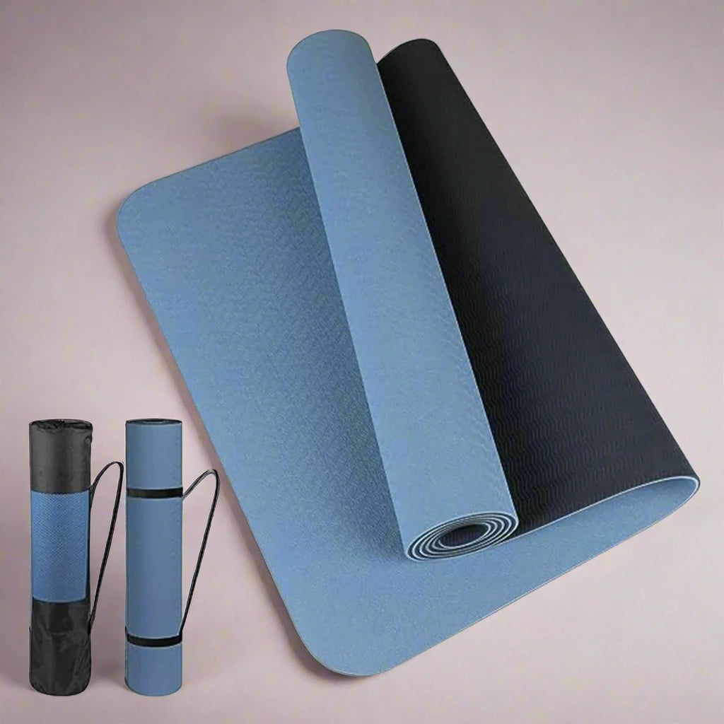 This eco-friendly TPE yoga mat offers a non-slip, dual-texture design for superior grip and stability. It includes a carrying strap for convenience, perfect for yoga or Pilates.