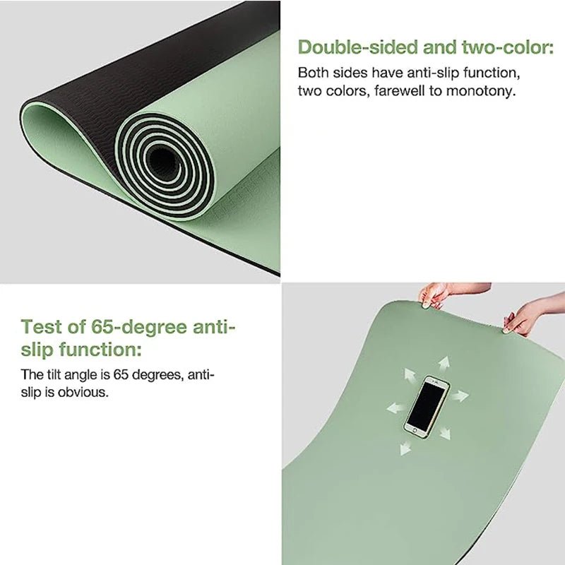 This yoga mat features a double-sided, anti-slip design in two colors. It has been tested for a 65-degree anti-slip angle, providing excellent grip and stability during workouts.