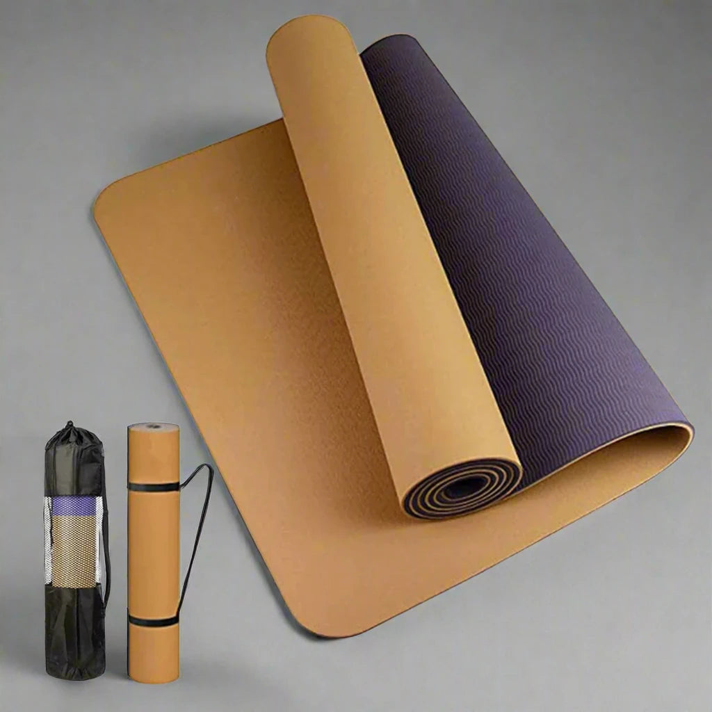 High-quality mustard yellow yoga mat with a dark anti-slip back and a matching carrying case, designed for durability, sweat resistance, and comfortable workouts.