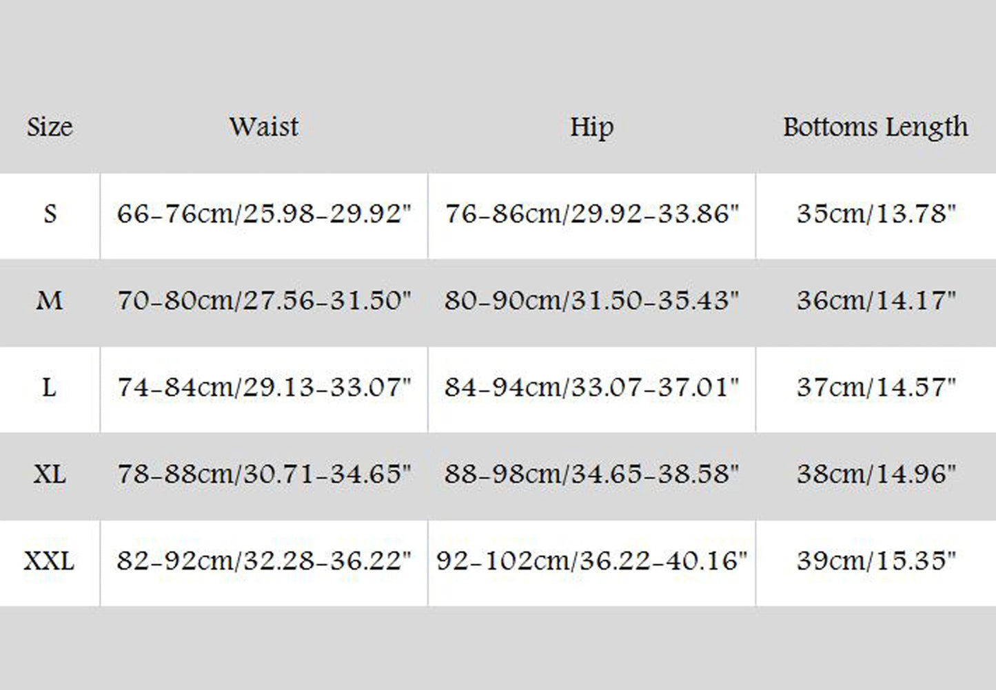 Size chart for women's swim shorts, displaying measurements for waist, hip, and bottoms length across sizes S, M, L, XL, and XXL in centimeters and inches.