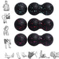 Various black massage balls with blue and red speckles, alongside illustrations showing different muscle-relief exercises using the balls for legs, back, and neck.