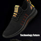 Black and orange lightweight men's running shoe with breathable mesh design, slip-resistant sole, and modern technology features.