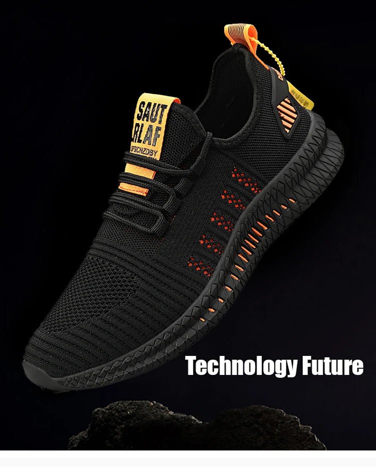 Black and orange lightweight men's running shoe with breathable mesh design, slip-resistant sole, and modern technology features.