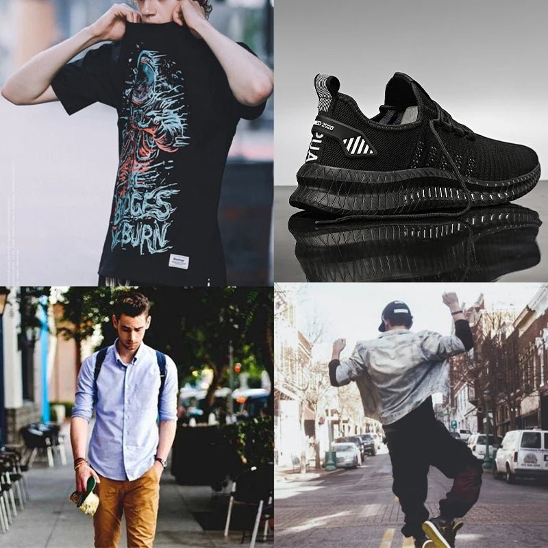 A collage showcasing men's casual fashion: a streetwear outfit featuring a graphic tee, a pair of black athletic sneakers with a sleek design, a smart-casual look with a button-up shirt and khakis, and an action shot of a man in urban streetwear.