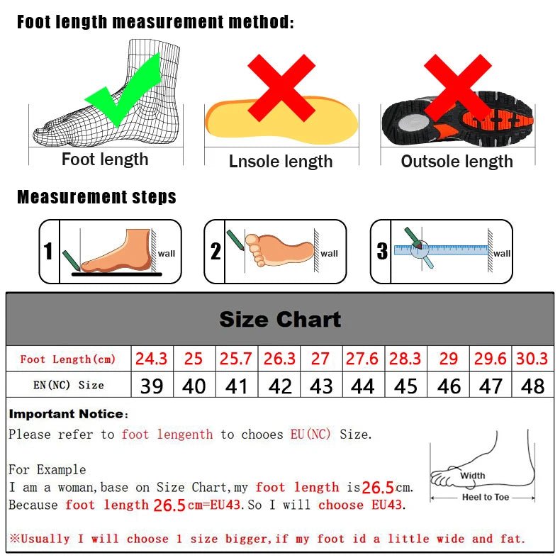 Foot length measurement guide and shoe size chart for men's running shoes, highlighting correct measurement techniques with steps and corresponding EU size conversions.