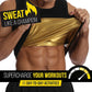 Man wearing sweat sauna vest, lifting it to reveal gold heat-trapping interior. Text: 'Sweat like a champion! Supercharge your workouts or day-to-day activities.