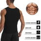 Back view of a man wearing a black sweat sauna vest. Infographic beside him showing benefits: 'Increase Sweating, Quick Dry, Breathable, Flattens Abdomen' with icons.