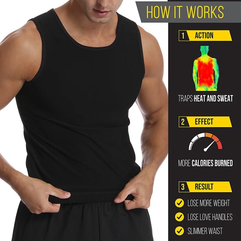 Man wearing a black sweat sauna vest, demonstrating how it works. Infographic beside him: '1) Action: Traps heat and sweat, 2) Effect: More calories burned, 3) Result: Lose more weight, lose love handles, slimmer waist.