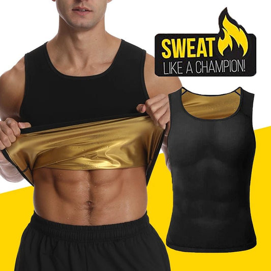 Man showing black and gold sauna vest, designed for increased sweat during workouts. Text reads 'Sweat like a champion!' highlighting the vest's effectiveness.