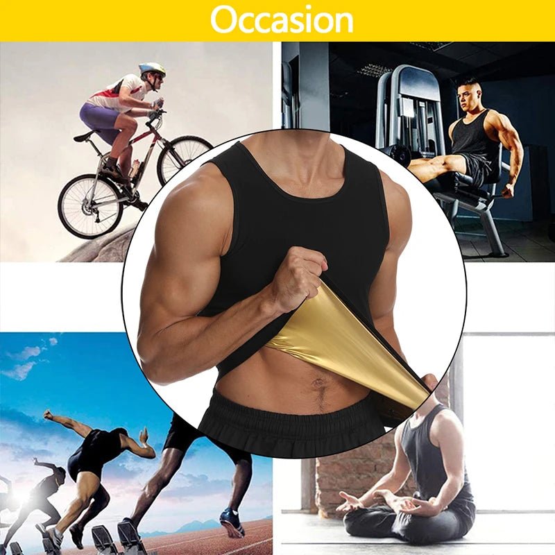 Man wearing a black sweat sauna vest, with zoom-in showing the gold inner lining. Surrounding images depict different activities: cycling, running, weightlifting, and yoga.