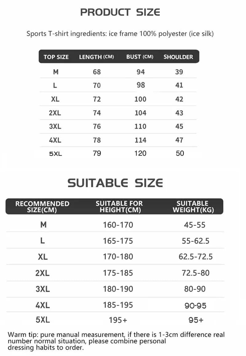 The size chart for the quick-dry, breathable long-sleeve sports shirt ranges from M to 5XL.It also suggests suitable heights and weights for each size to ensure the perfect fit.