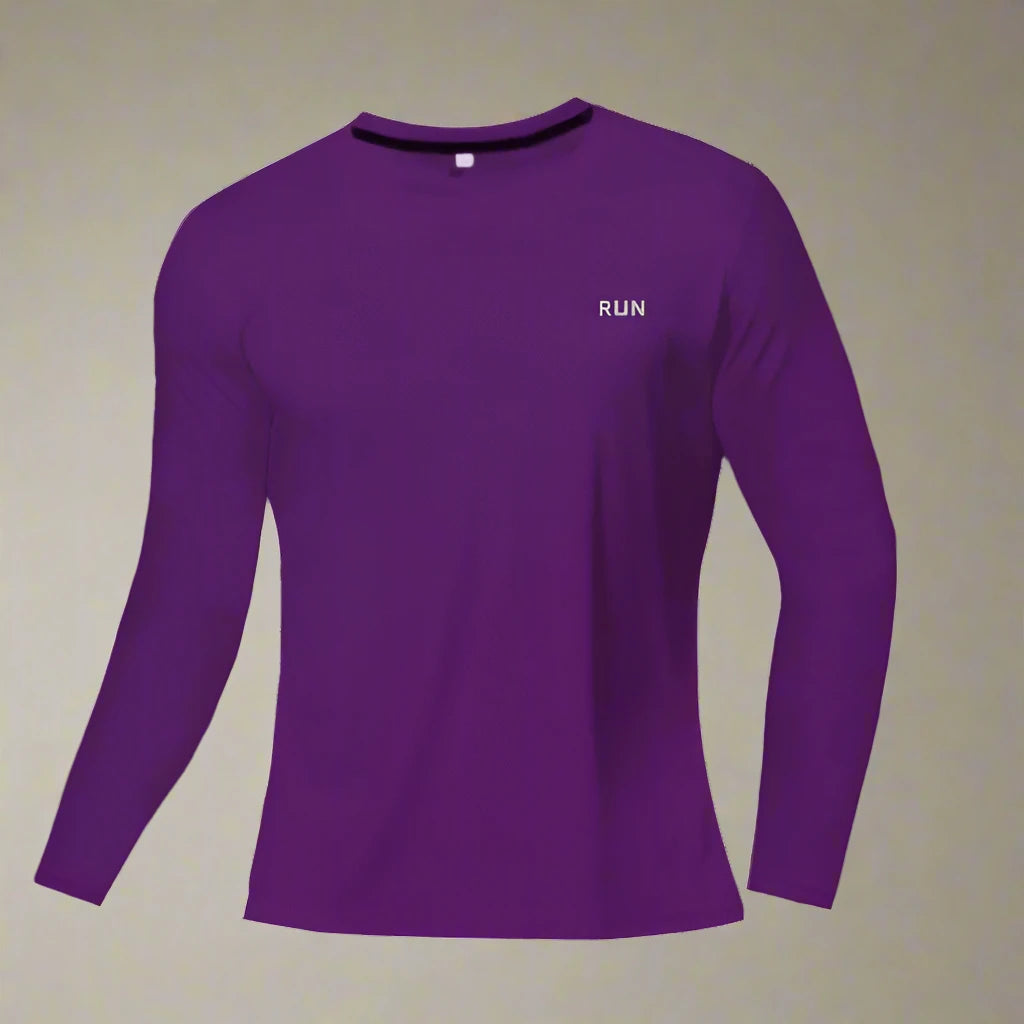 This quick-dry, breathable long-sleeve sports shirt in deep purple is designed to provide comfort and flexibility during workouts. Ideal for running, gym sessions, and outdoor activities!