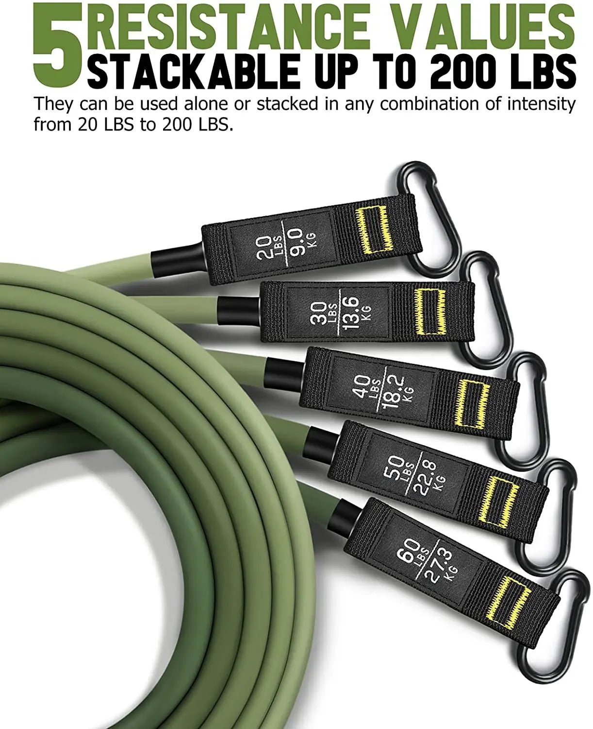 The Resistance Band Set offers five stackable bands ranging from 20 to 60 lbs, allowing customizable resistance up to 200 lbs. Perfect for strength training and fitness routines.