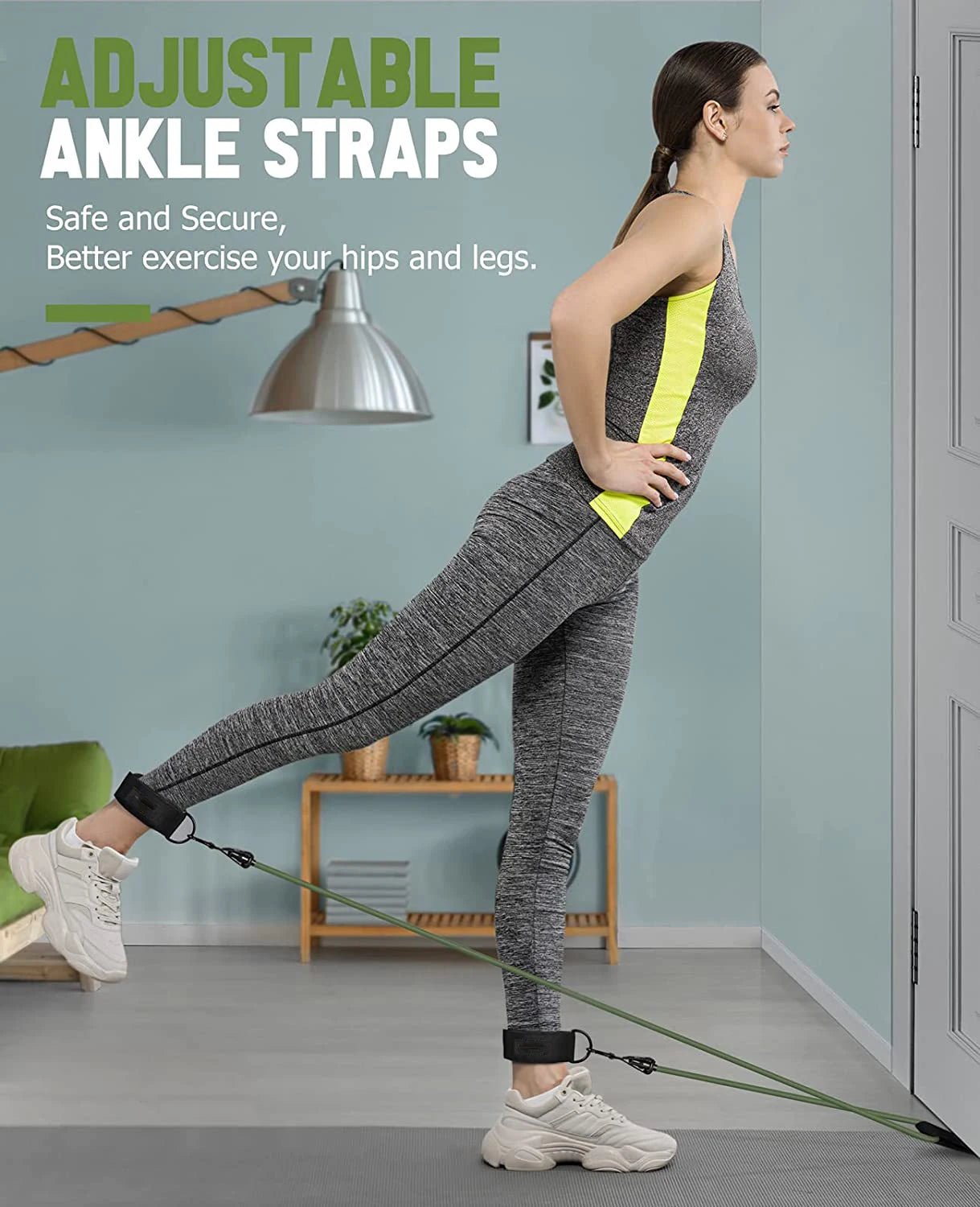 The Resistance Band Set comes with adjustable ankle straps, ensuring a secure fit for better leg and hip workouts, making it ideal for safe and effective lower body exercises.