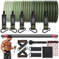 The Resistance Band Set includes 5 bands (20-60 lbs), a workout bar, handles, ankle straps, door anchor, exercise chart, and carry bag, ideal for strength and home workouts.