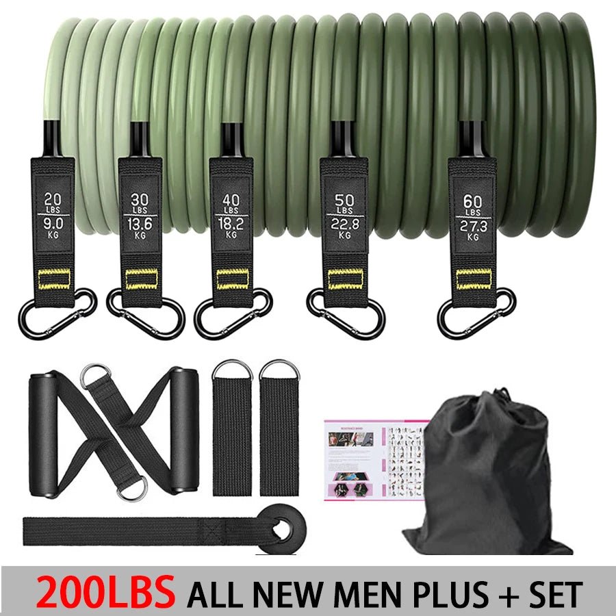 This 200lbs resistance band set includes five bands (20-60lbs), adjustable handles, ankle straps, door anchor, and a carry bag. Perfect for home workouts and strength training.