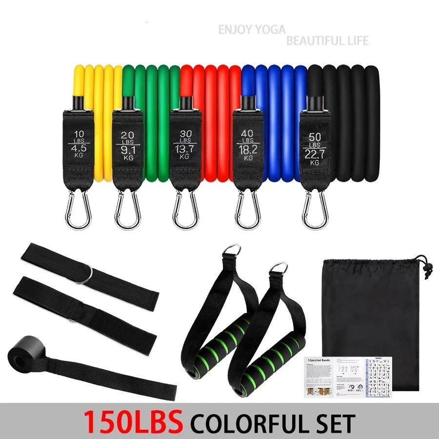 This colorful 150lbs resistance band set includes five bands ranging from 10lbs to 50lbs, adjustable handles, ankle straps, a door anchor, and a carry bag. Ideal for versatile workouts!