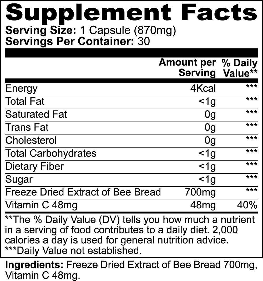 Supplement facts label for Royal Bee Blend, featuring freeze-dried bee bread and Vitamin C, with detailed nutritional information and ingredients.