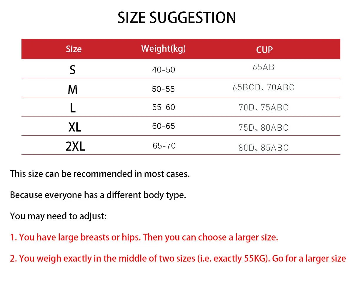 This size guide for the sports bra helps you choose the right fit based on your weight (in kg) and cup size. If you're between sizes or have a fuller bust, opt for a larger size.