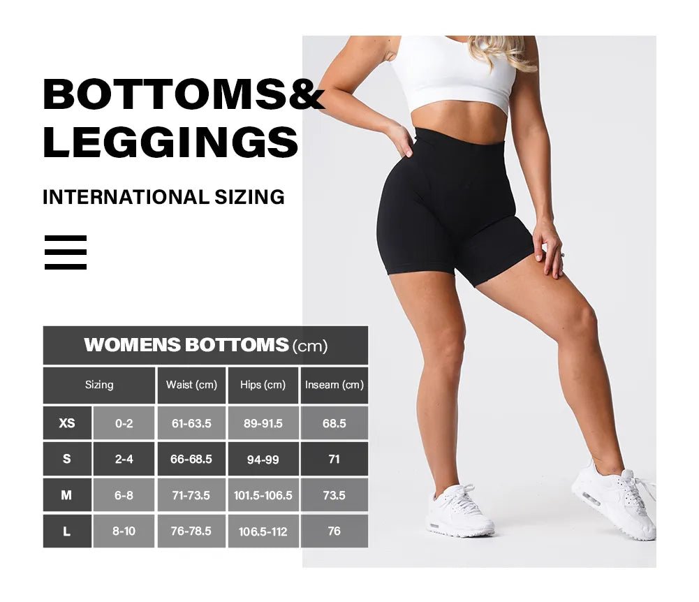 This size chart shows the international sizing for women's bottoms, including waist, hips, and inseam measurements in centimeters. It offers guidance for sizes from XS to L.