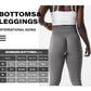 The sizing chart for women's soft workout tights includes waist, hips, and inseam measurements for sizes XS to L. These high-waisted gray tights offer a snug, supportive fit for workouts.