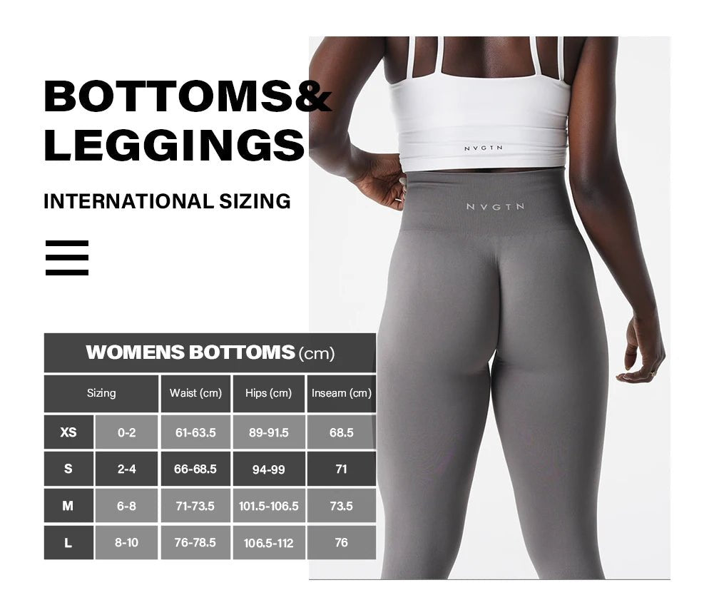 The sizing chart for women's soft workout tights includes waist, hips, and inseam measurements for sizes XS to L. These high-waisted gray tights offer a snug, supportive fit for workouts.