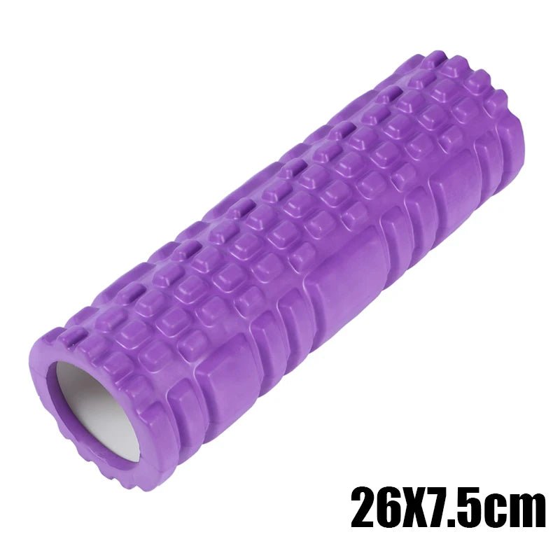 This purple foam roller, measuring 26x7.5 cm, is ideal for muscle massage and back training, promoting flexibility, tension release, and enhanced recovery after workouts.