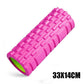 This pink foam roller measures 33x14 cm and features a vibrant green interior. It's ideal for deep muscle massage, back training, and recovery after workouts, promoting flexibility and relieving muscle tension.