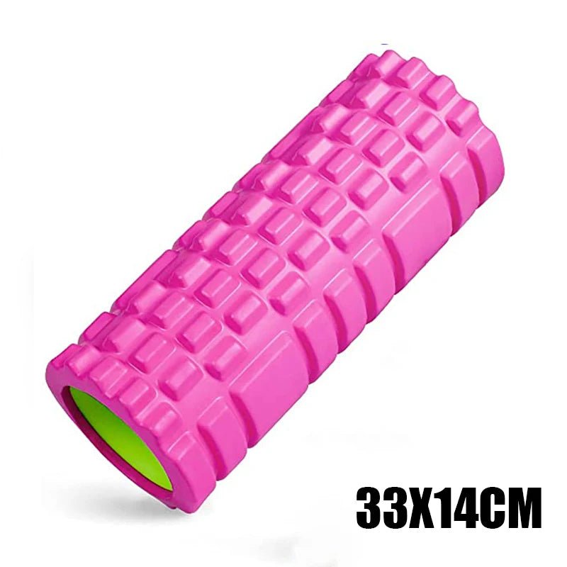 This pink foam roller measures 33x14 cm and features a vibrant green interior. It's ideal for deep muscle massage, back training, and recovery after workouts, promoting flexibility and relieving muscle tension.