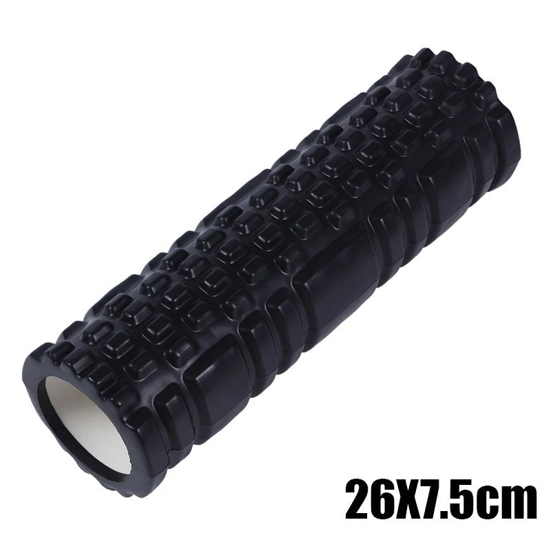 This black foam roller measures 26x7.5 cm and is designed for muscle massage and back training, offering deep tissue relief and aiding in muscle recovery and flexibility.