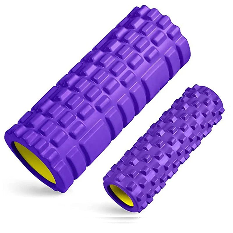 This purple high-density foam roller set, featuring a vibrant yellow interior, is designed for muscle recovery and deep tissue massage. It's perfect for enhancing flexibility and relieving tension after workouts.