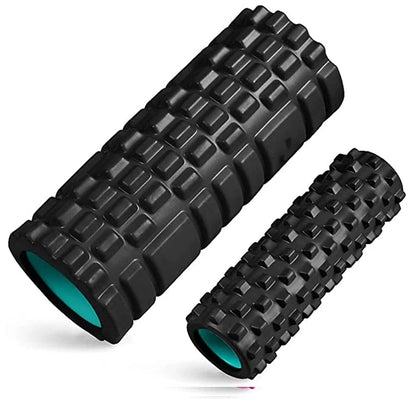 This black foam roller set with a contrasting teal interior is perfect for deep tissue massage, enhancing muscle recovery, and relieving tension. It's ideal for post-workout relaxation.