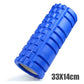 This blue high-density foam roller, measuring 33x14 cm, is designed for deep tissue massage and muscle recovery. Its durable, textured surface aids in relieving muscle tension and soreness.