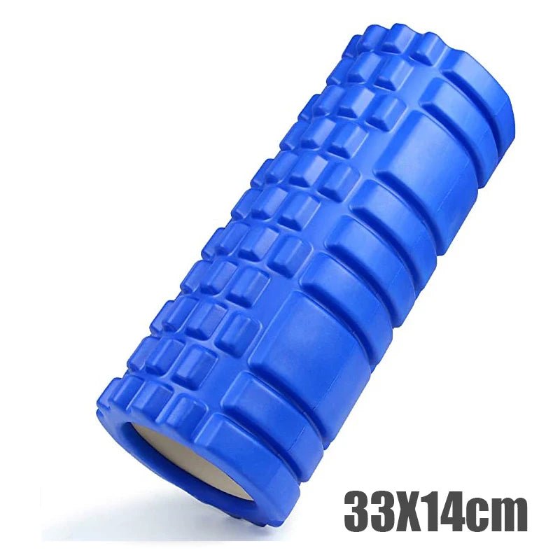 This blue high-density foam roller, measuring 33x14 cm, is designed for deep tissue massage and muscle recovery. Its durable, textured surface aids in relieving muscle tension and soreness.