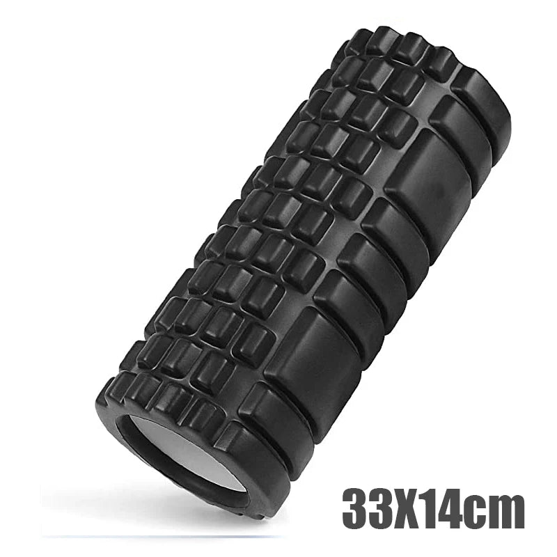 This black foam roller measures 33x14 cm and is designed for deep muscle massage and back training. It helps improve flexibility, relieves muscle tension, and aids in muscle recovery. Ideal for post-workout use and stretching exercises.