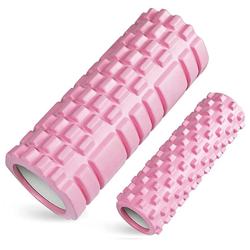 This pink foam roller set is designed for muscle relaxation and deep tissue massage. Its sturdy construction helps release tension and enhance muscle recovery after workouts.